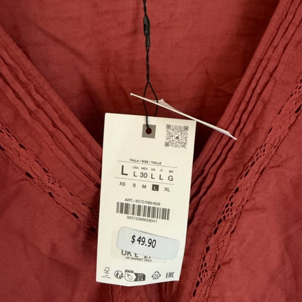 Zara Rust Lace Trim Blouse Size L New With Tags - Picture 2 of 4